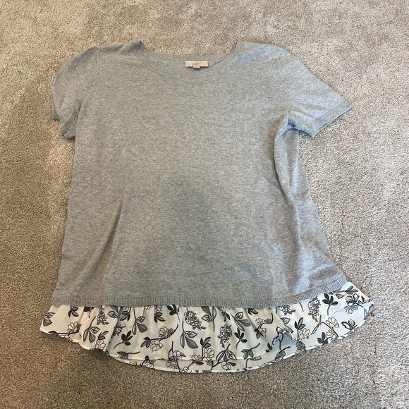 Loft Women's Short Sleeve Grey Sweater Blouse with Chiffon Ruffle Size M - Picture 6 of 8